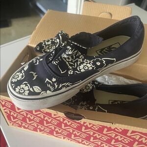 Vans Black and Cream Floral Slip-Ons